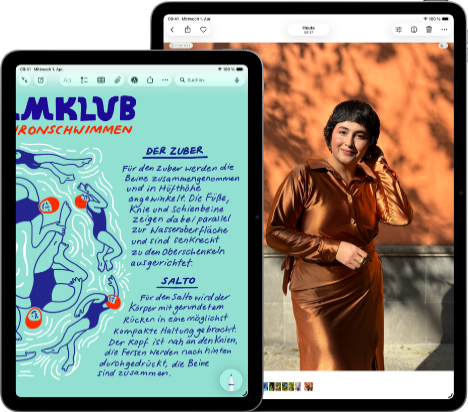 Zwei iPad Air Geräte, Größen: 11 Zoll und 13 Zoll, das 11 Zoll Modell zeigt farbigen Text in der Notizen App, das 13 Zoll Modell zeigt das Foto einer Person in der Fotos App